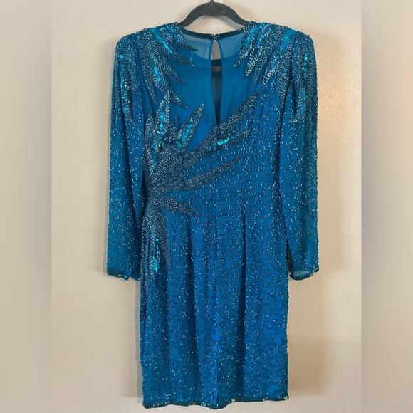 AJ Bari Petites Beaded Teal Evening Dress Long Sleeve Size 6P - Picture 6 of 10